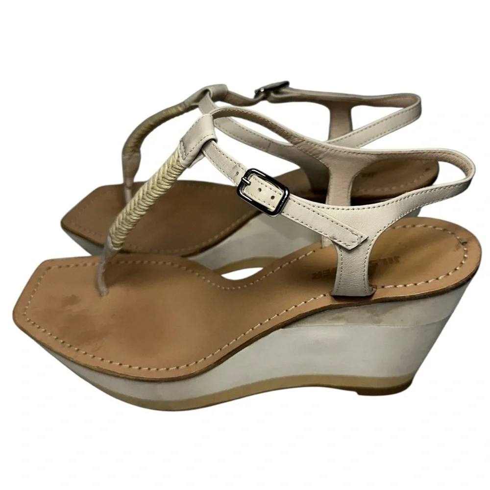 Jil Sander Women’s 37 7 White Tan Metallic Gold Roped T-Strap Platform Sandals